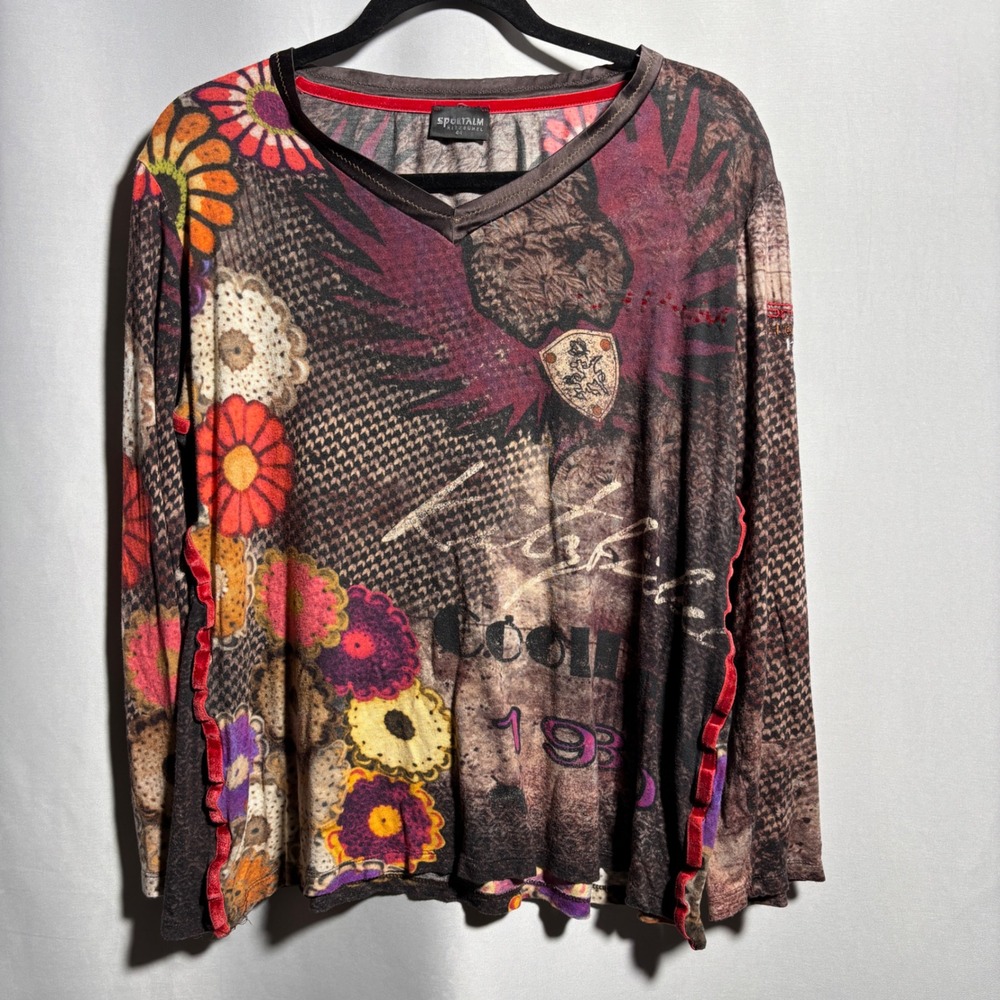 Sportalm Kitzbuhel‎ Womens Graphic Print Long Sleeve Shirt Y2K Floral XXL SEE